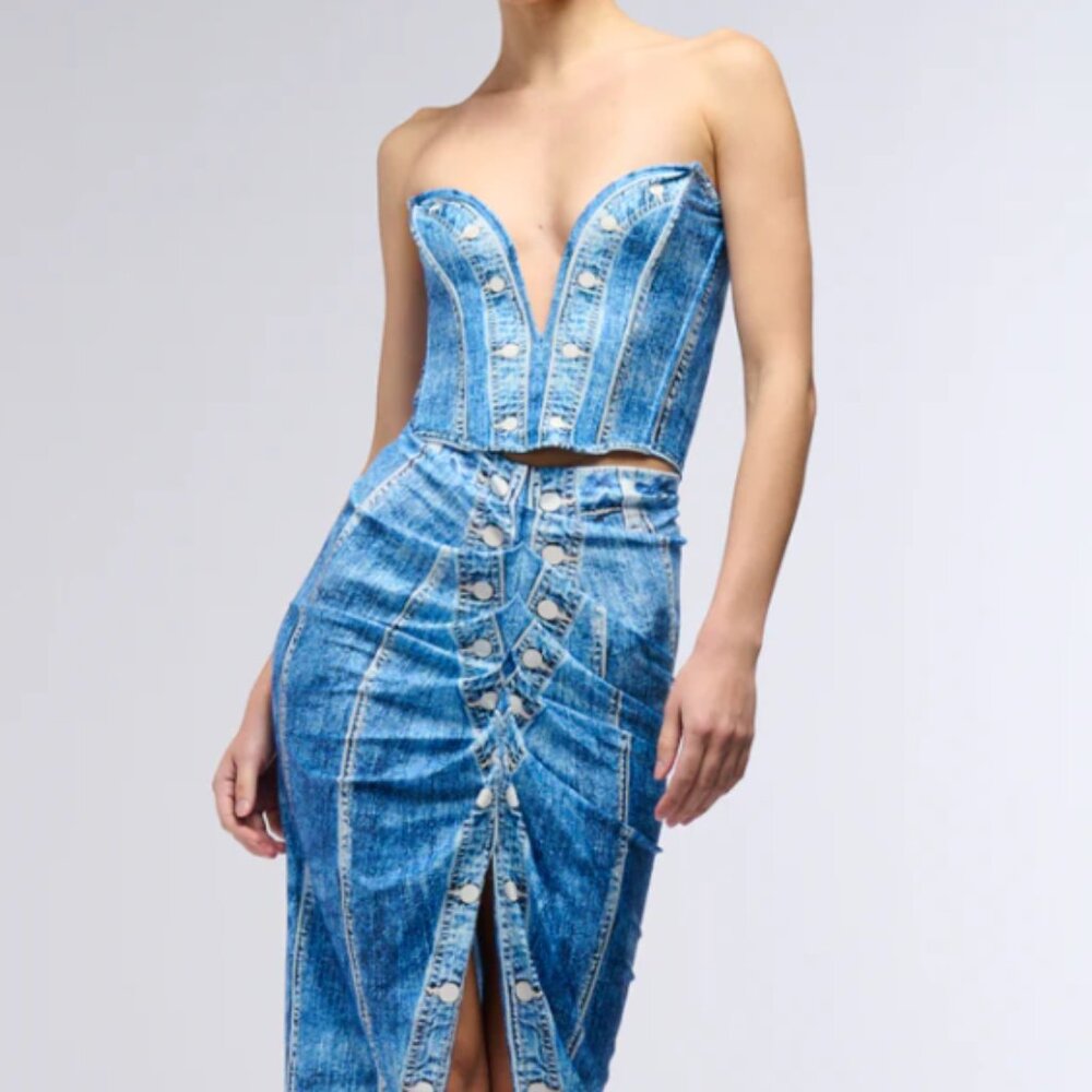 Callie Lives Digitize Me AKIRA Blue Day Dreaming Denim Printed Corset Top S - Picture 5 of 8